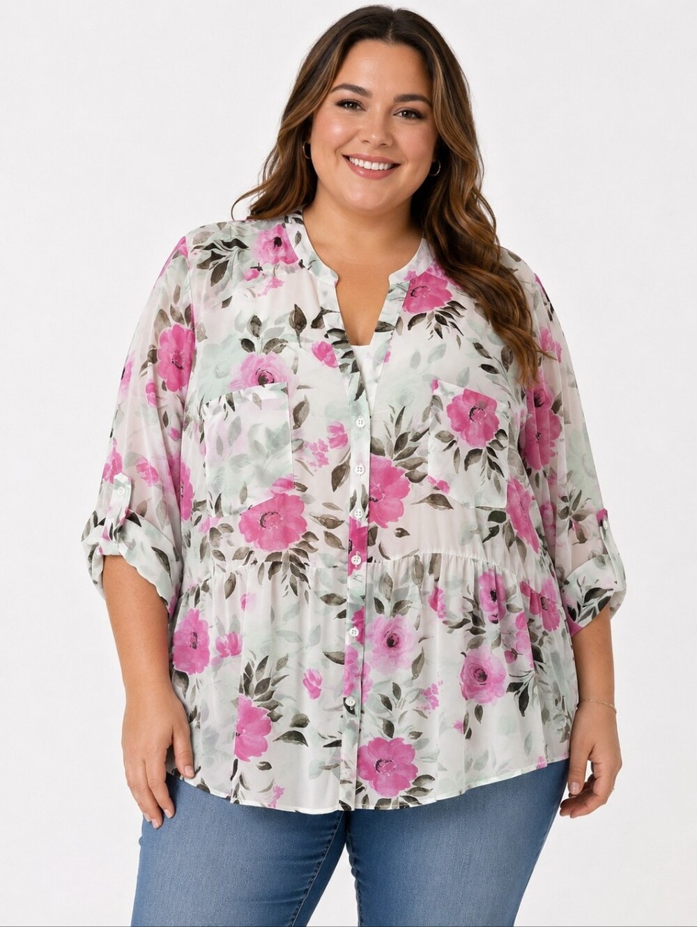 Torrid Size 4 Floral‎ Chiffon Tunic Blouse Pink White Button Front Plus